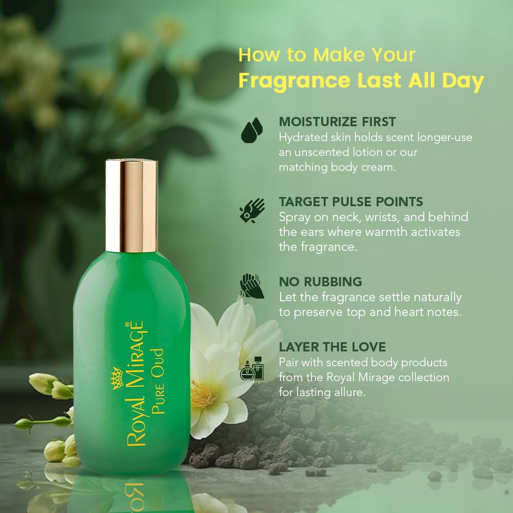 Elegant vanity setting featuring Royal Mirage Pure Oud EDC for a refined fragrance ritual