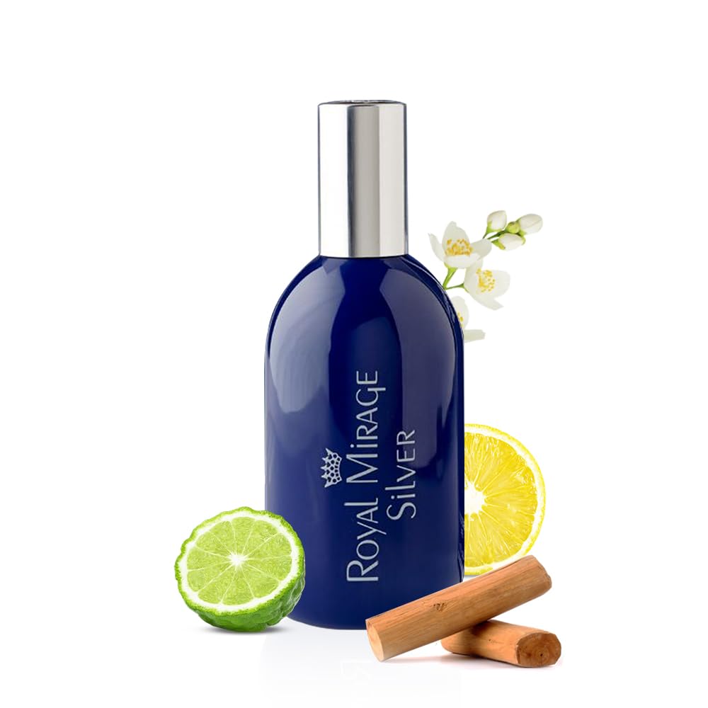 Royal Mirage Silver EDC bottle front shows premium floral-woody scent for daily wear.