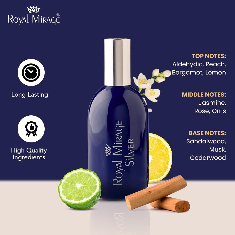 Royal Mirage Silver EDC packaging highlights sustainable, recyclable materials with elegant luxury presentation.