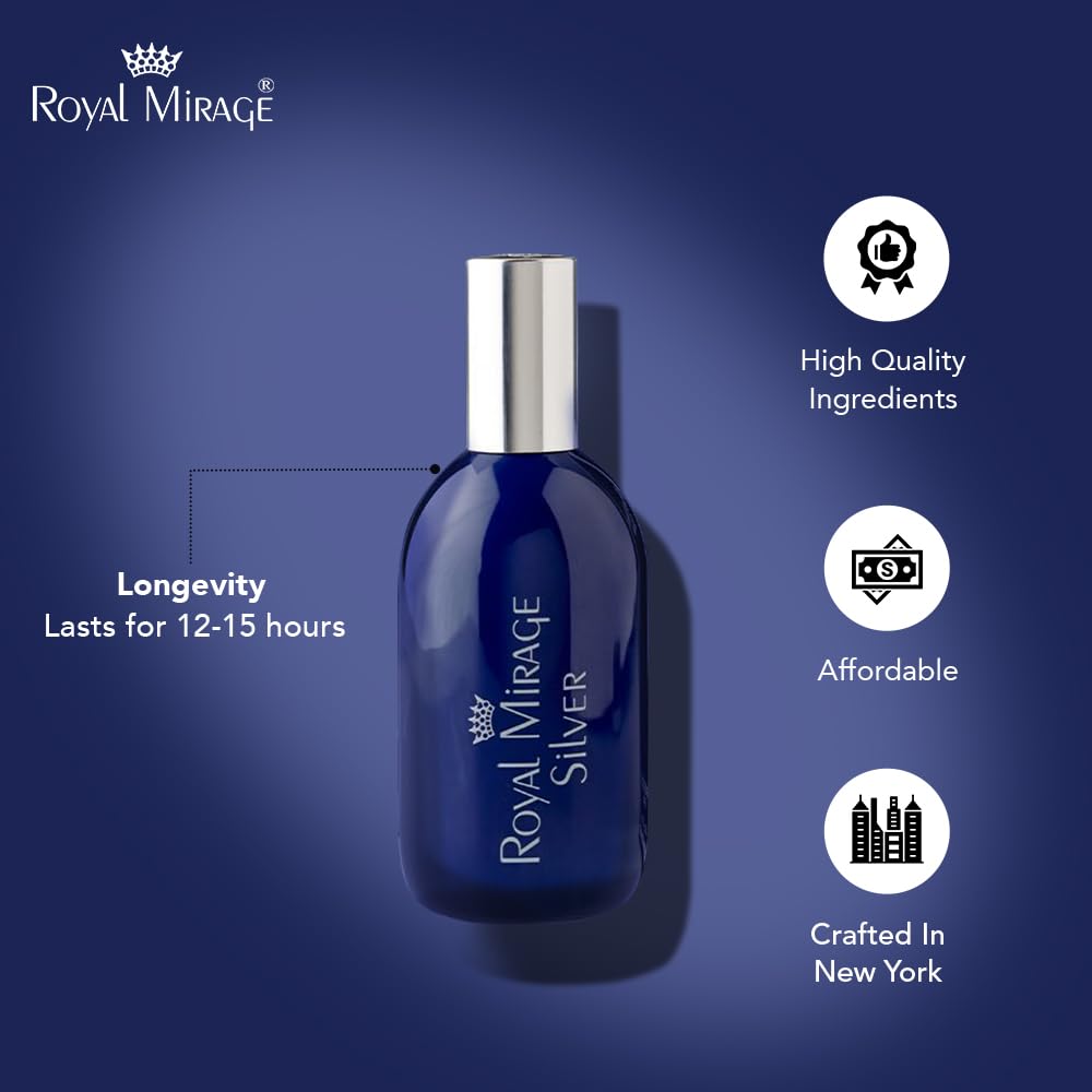 Royal Mirage Silver EDC woodsy base detail conveys lasting warmth and sophisticated finish.