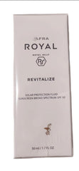 Generic ROYAL Revitalize solar protection fluid bottle with lightweight, non-greasy SPF 50 formula.
