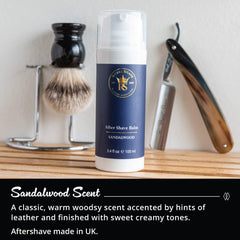 Hands applying lotion on skin demonstrate soothing, cooling post-shave relief.