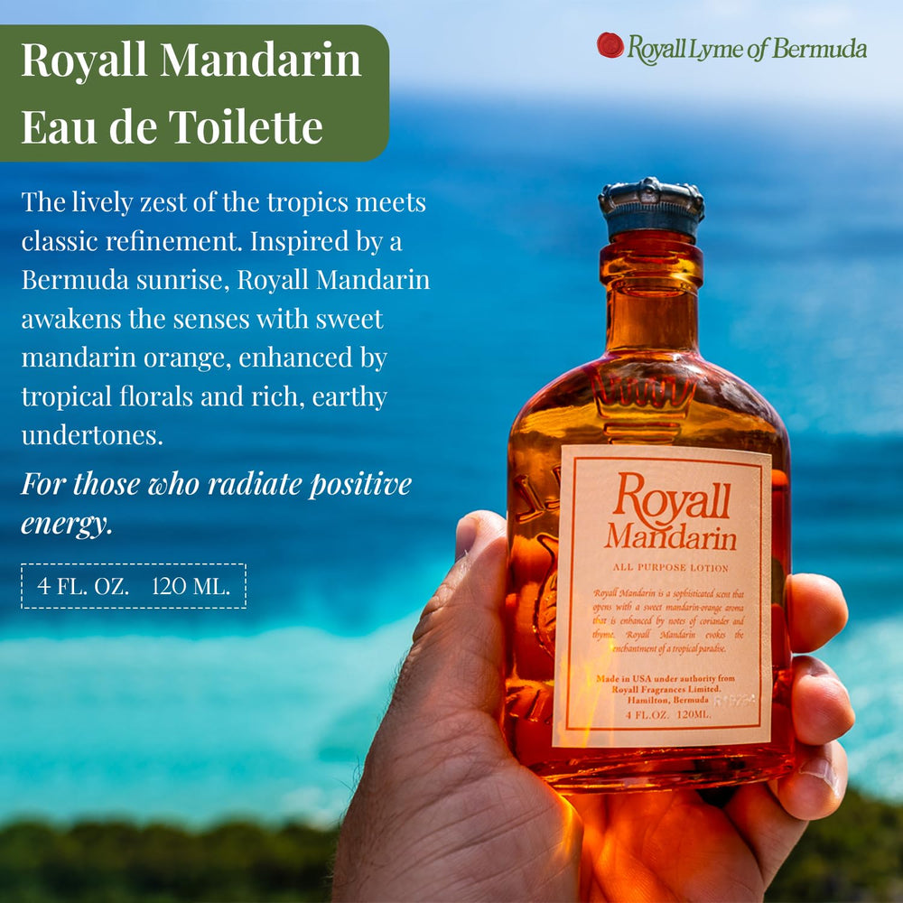 Royall Mandarin cap detail reflects premium packaging for refined grooming ritual.