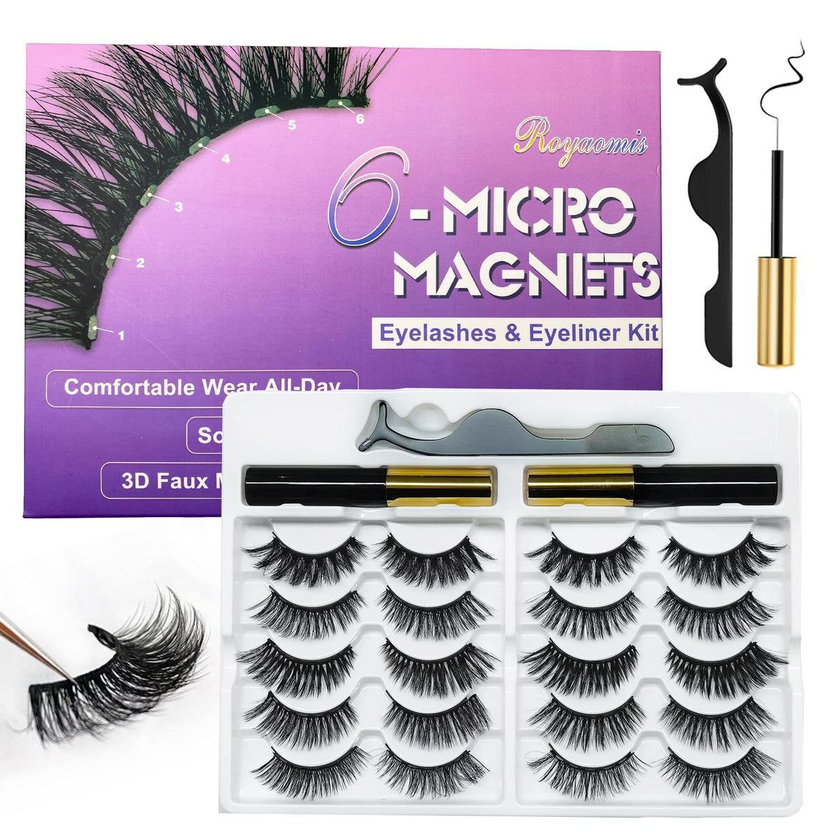 Royaomis 10-pairs cat-eye magnetic lashes packaging for quick daily glam
