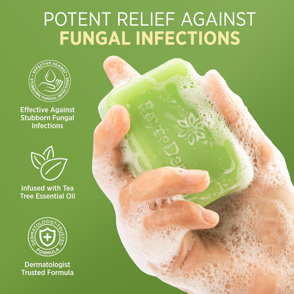 RoyceDerm antifungal bar soap lather demonstrating cleansing action after workouts.