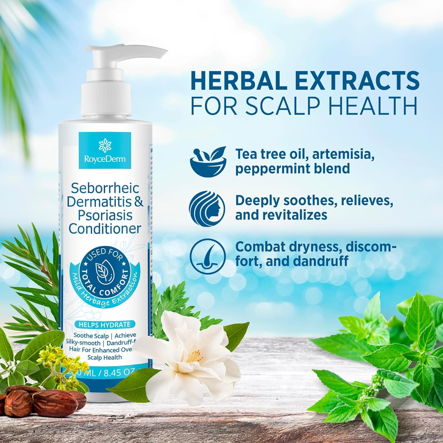 Roycederm conditioner apply-massage demonstrates soothing scalp care.
