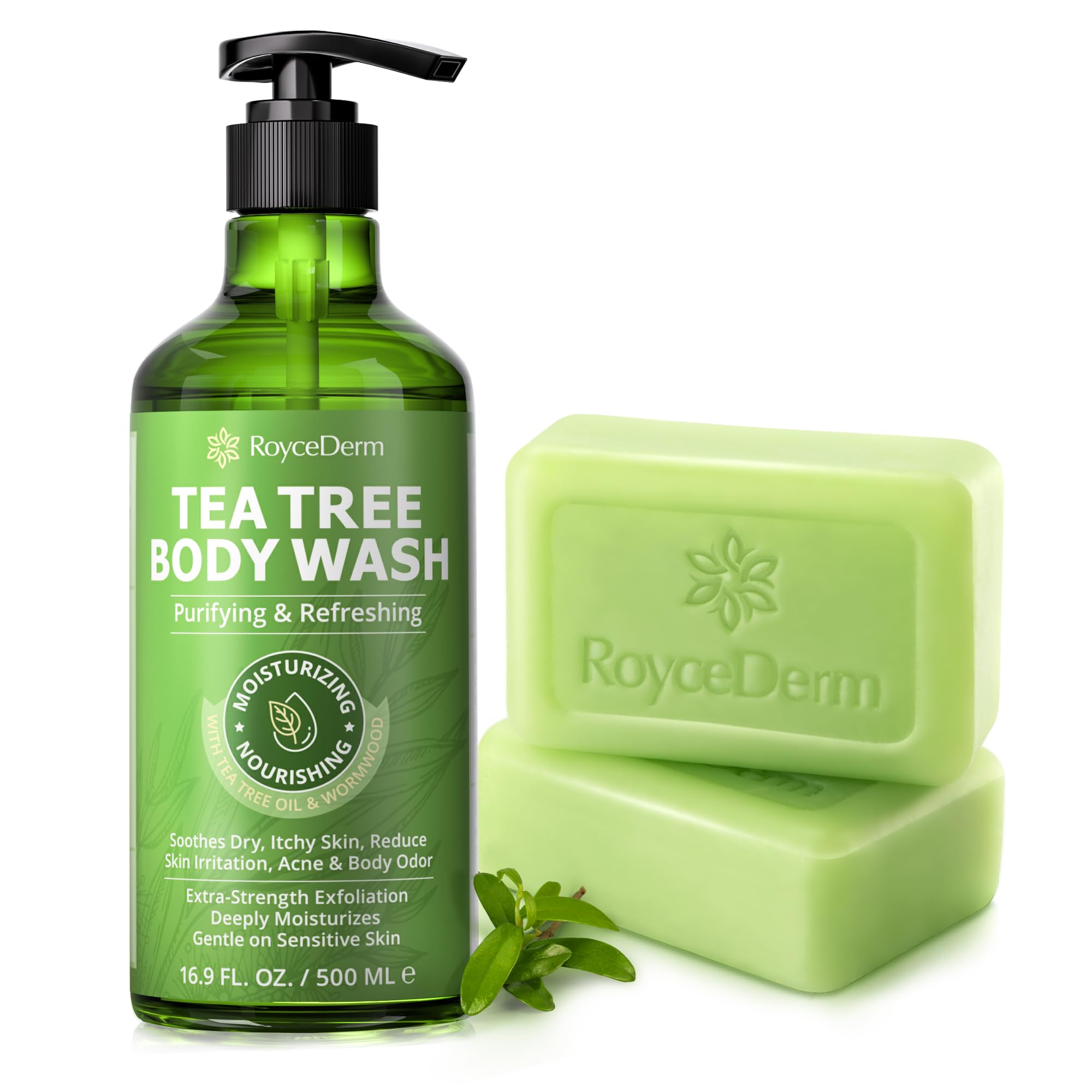 Gel douche Roycederm à l'arbre à thé dans une bouteille pratique et fraîche.