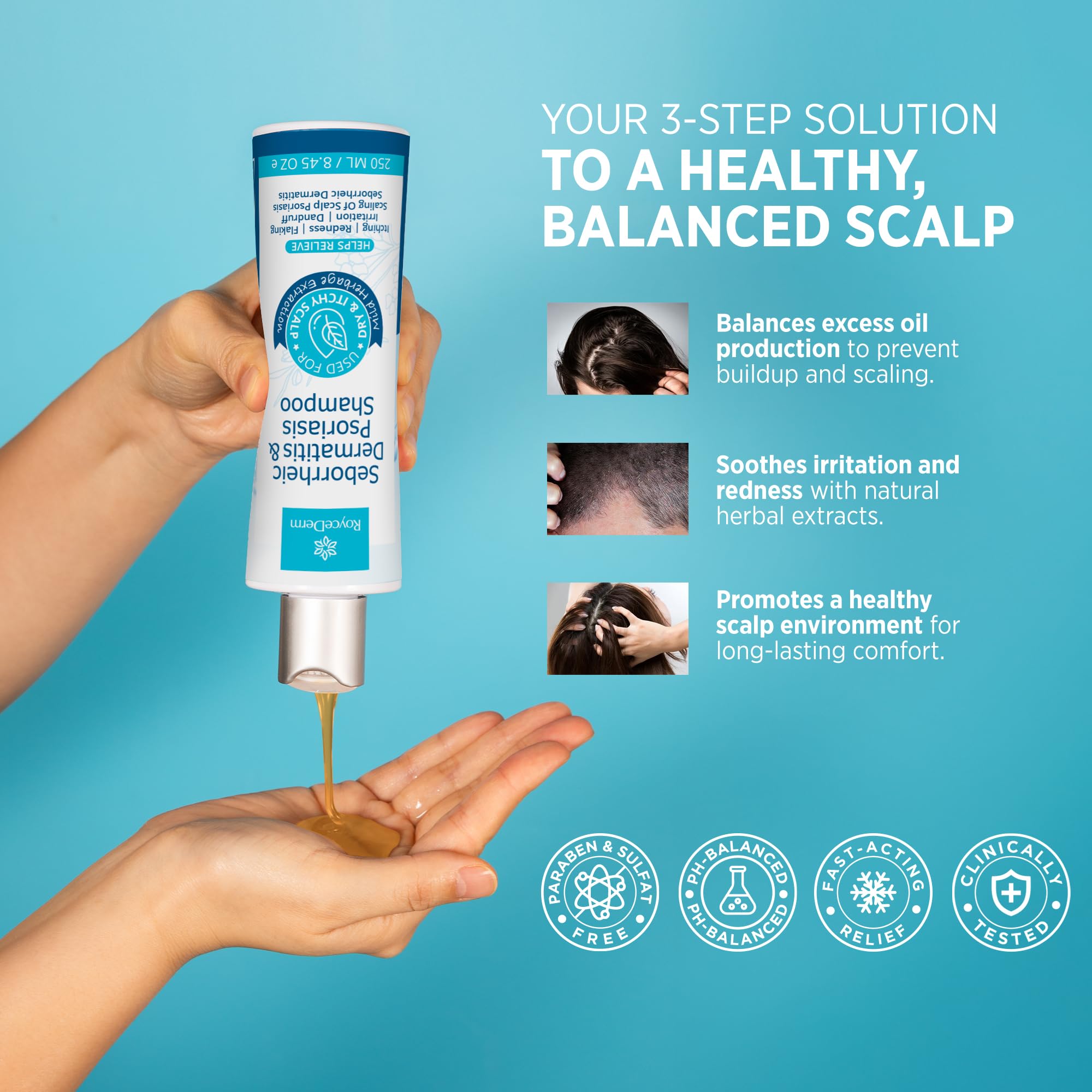 Roycederm hair after use reveals nourished strands and refreshed feel.