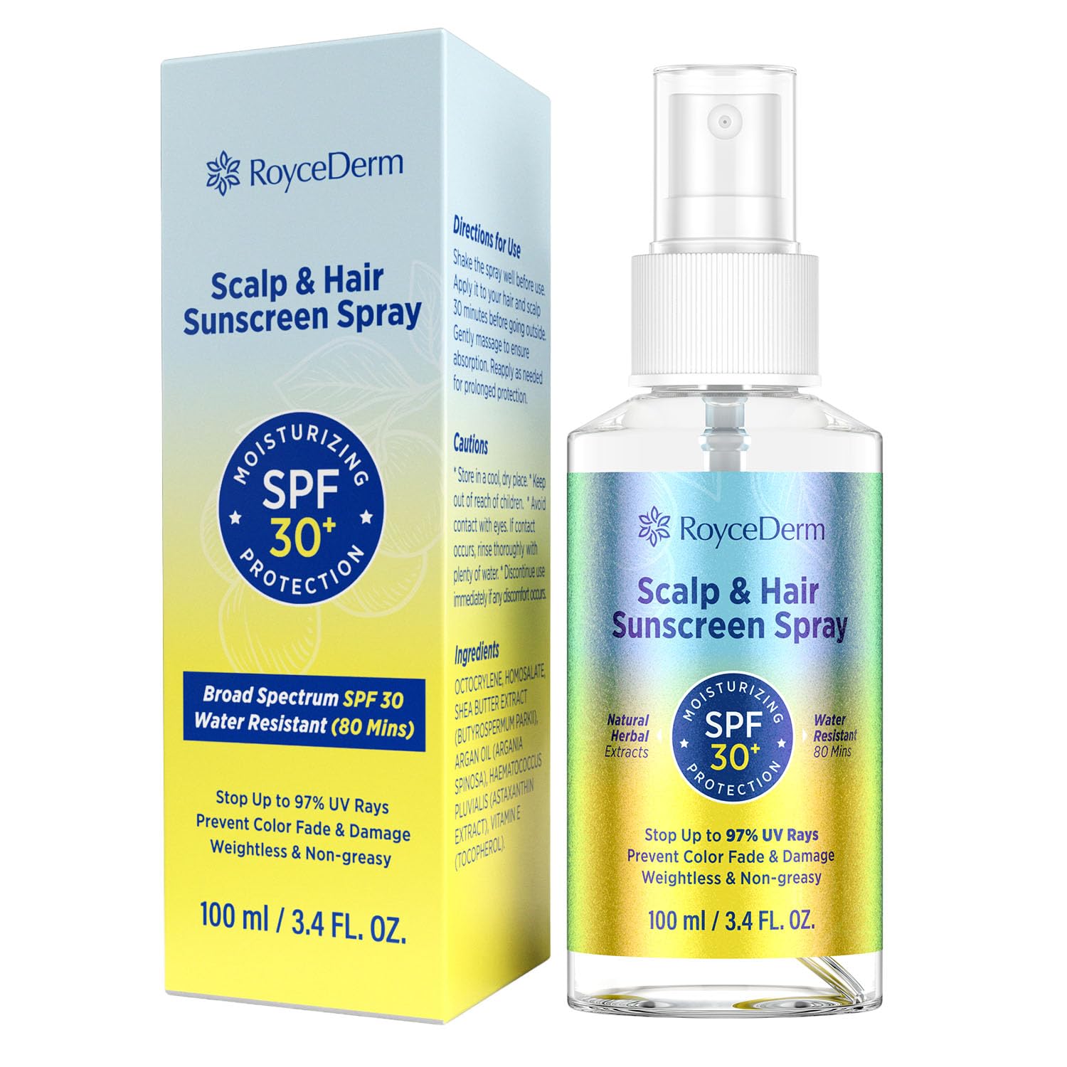Roycederm hair sunscreen spray bottle mist provides even outdoor coverage.