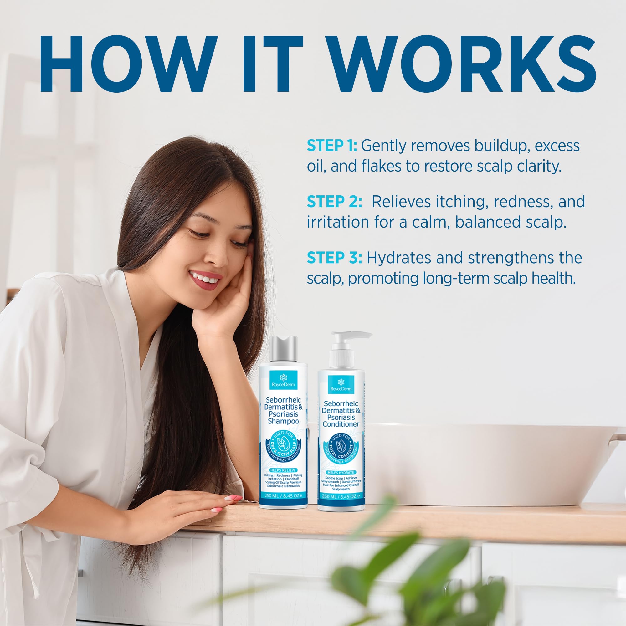 Roycederm scalp treatment application demonstrates easy routine.