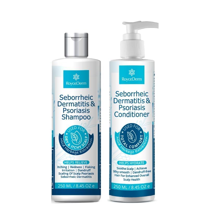 Roycederm shampoo bottle pour demonstrates easy, mess-free scalp treatment.