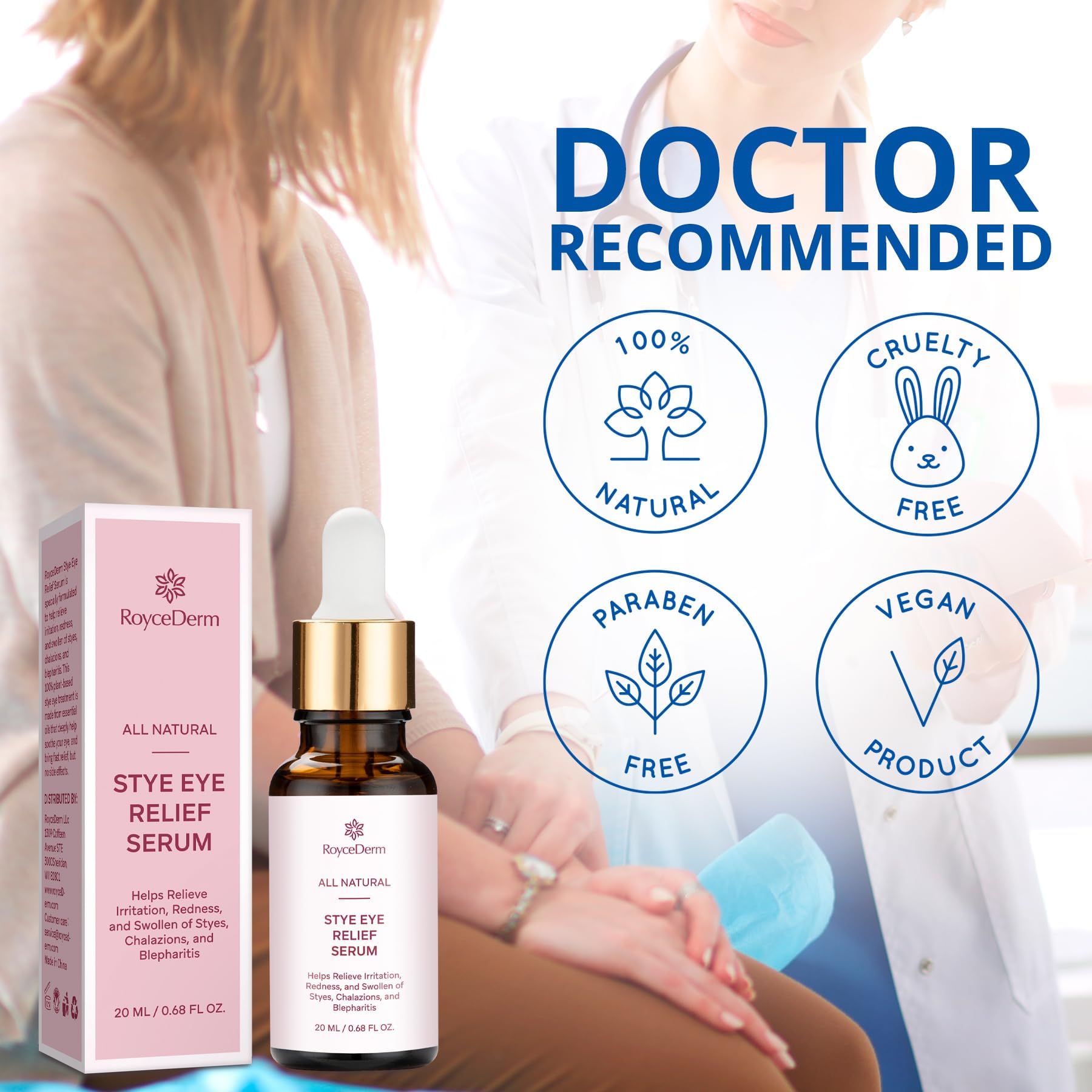 Roycederm Stye Eye Serum on a clean countertop ready for daily use.