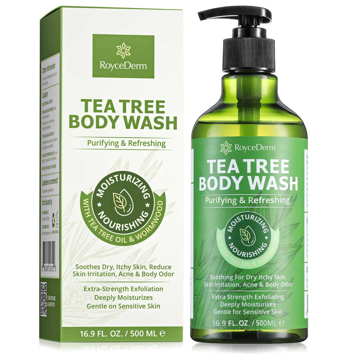 Roycederm tea tree body wash bottle with antifungal cleansing formula for daily use.