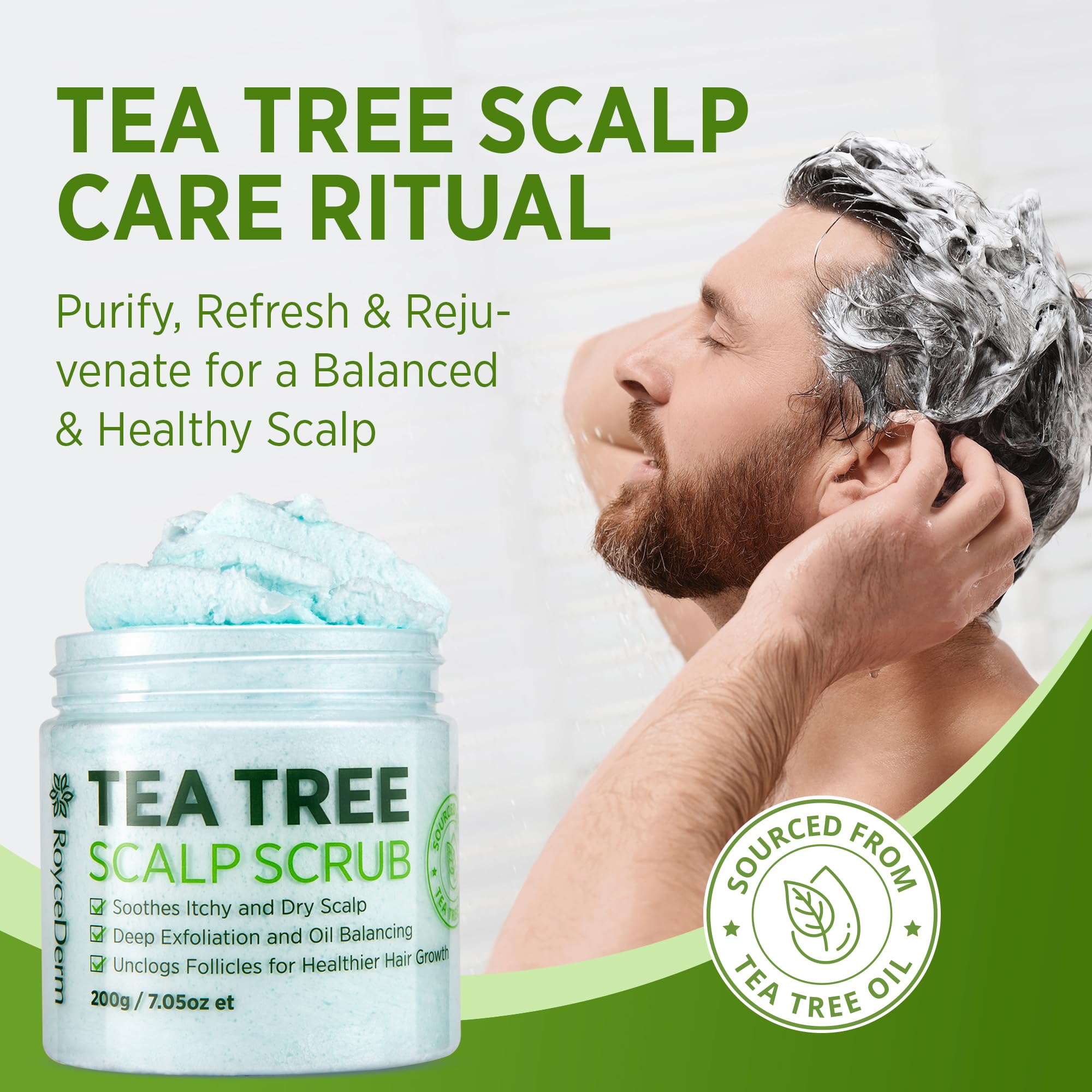 Roycederm Tea Tree Scalp Scrub ingredients label emphasizing plant-based formula