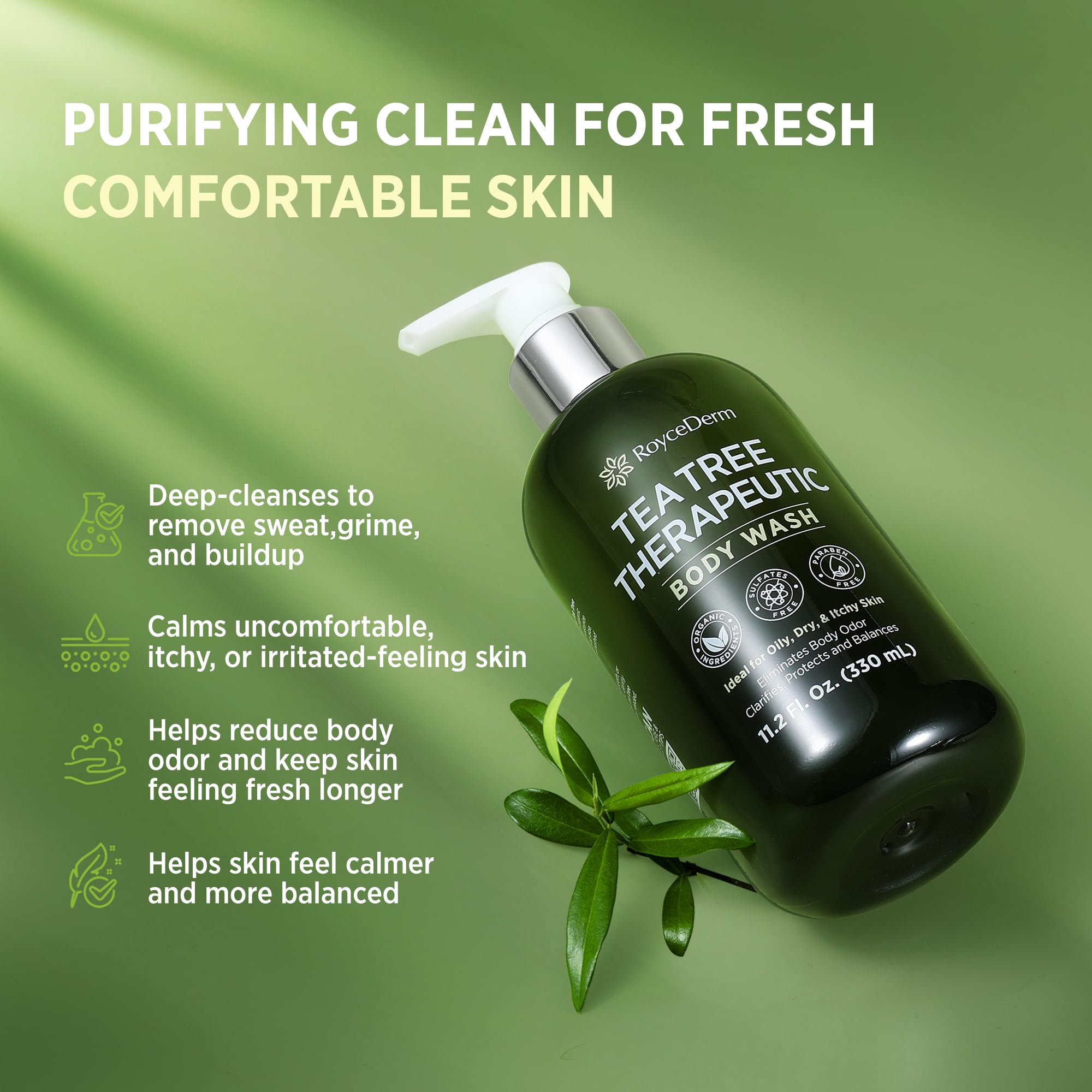 Roycederm Tea Tree Therapeutic Body Wash open bottle shows herbal blend