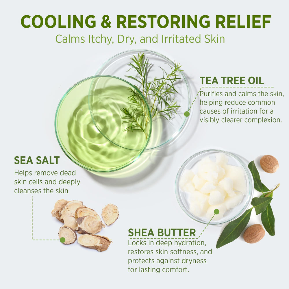 Roycederm wormwood and tea tree ingredients visual highlighting plant-based care.