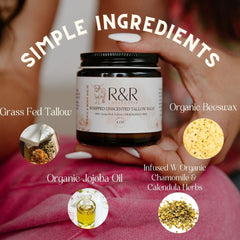 R&R Collective grass-fed tallow ingredients label emphasizing natural skincare