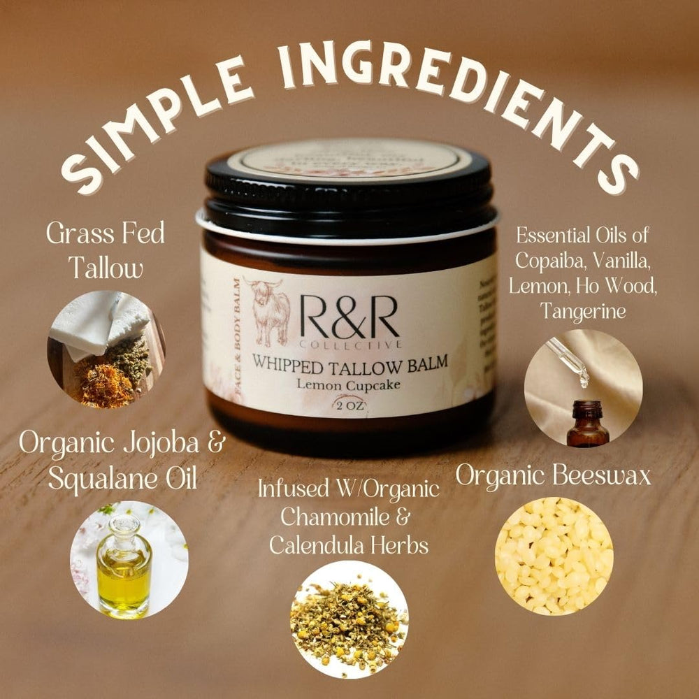R&R Collective grass-fed beef tallow ingredients with skin-nourishing vitamins.