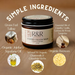 R&R Collective grass-fed beef tallow ingredients with skin-nourishing vitamins.