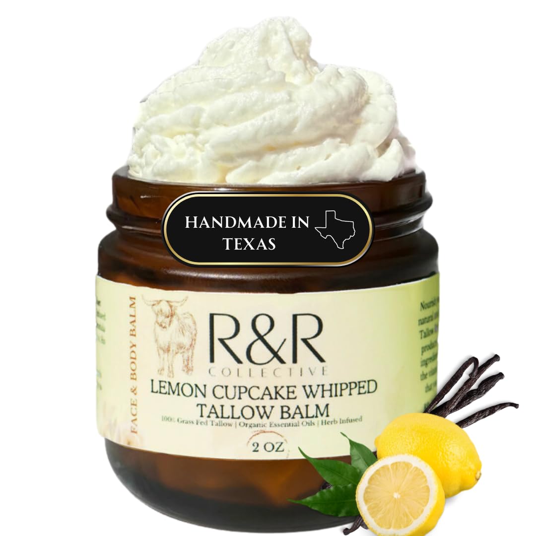 R&R Collective Lemon Cupcake tallow balm jar shows creamy texture for daily hydration.