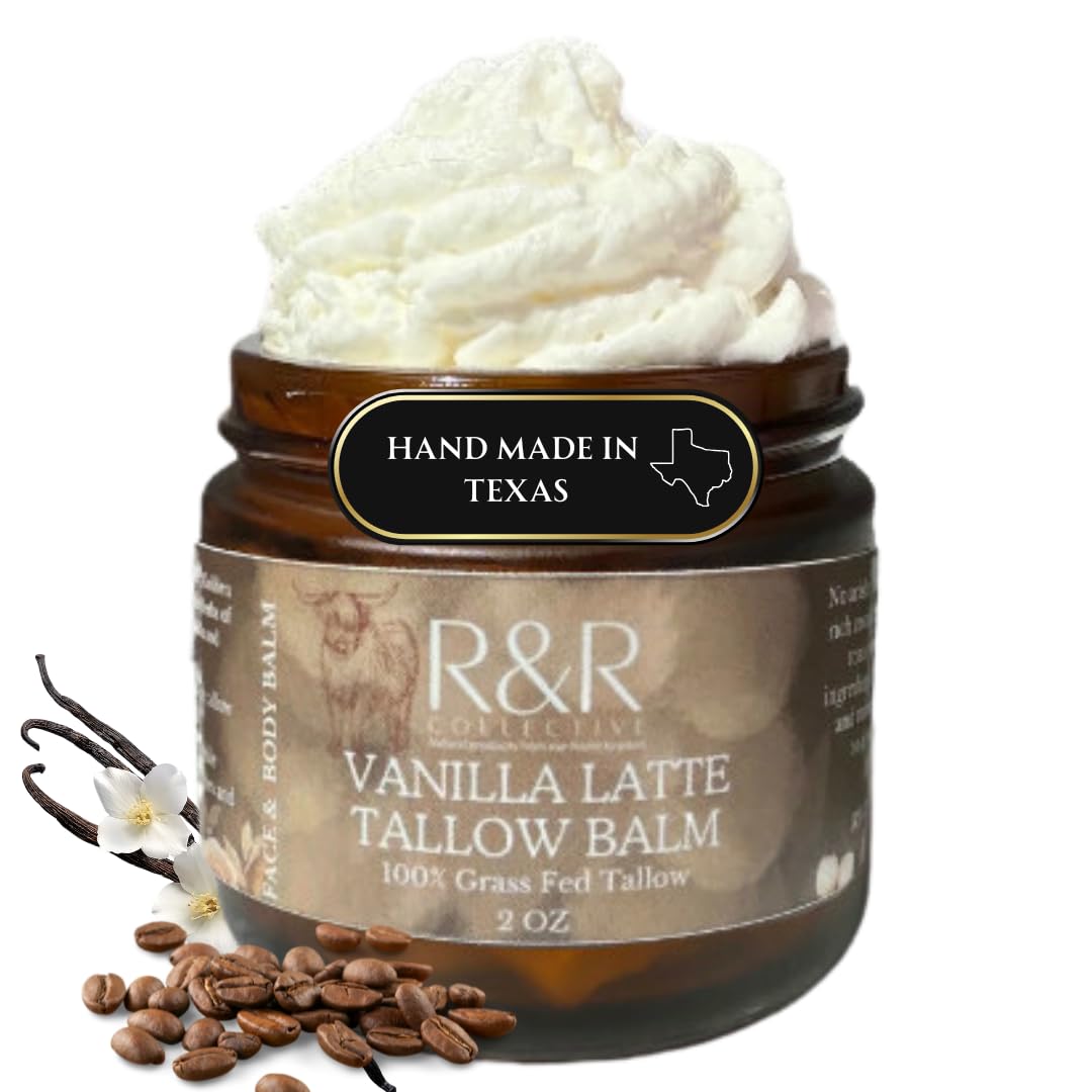 R&R Collective Vanilla Latte Tallow Face Moisturizer bottle shows creamy texture for dry, sensitive skin.