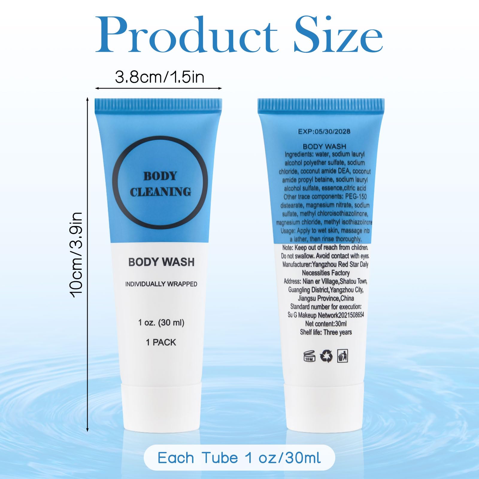 RSQAZQ 1oz mini shower gel, ideal for hotel amenities and quick refresh.