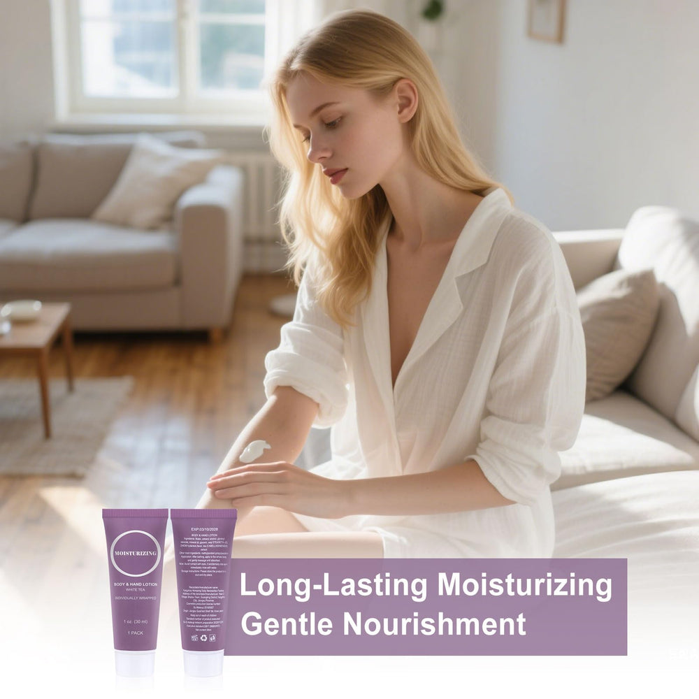 RSQAZQ travel size lotion on nightstand, soothing skin after travel.