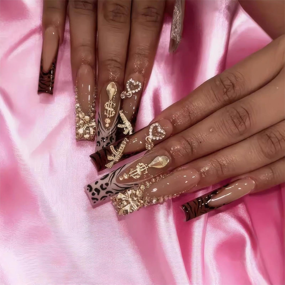 RTKHFZE XL press-on nails with long square French tip and rhinestones for salon-like detail.