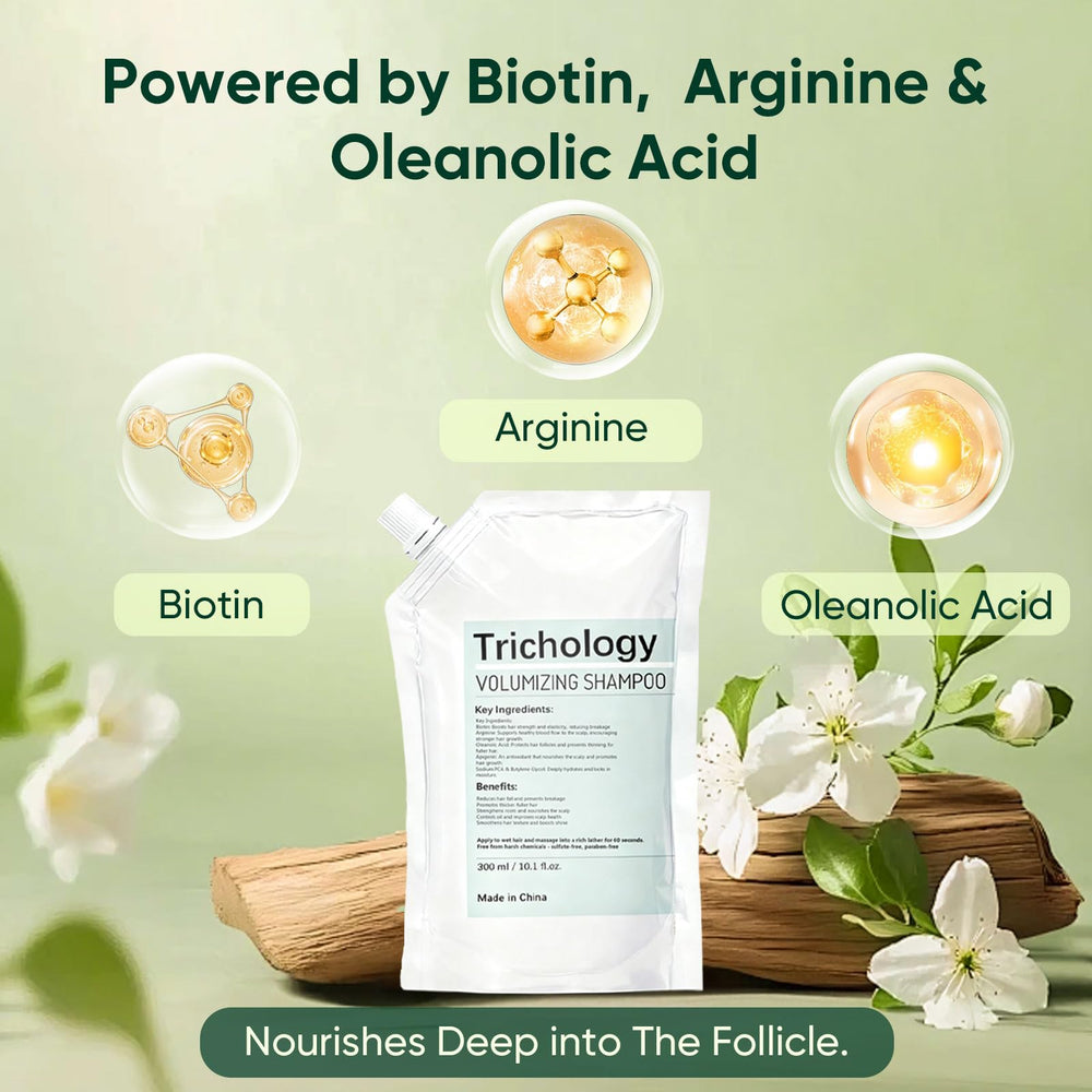 RTQSU Volumizing Shampoo packaging close-up emphasizing usage and dosage