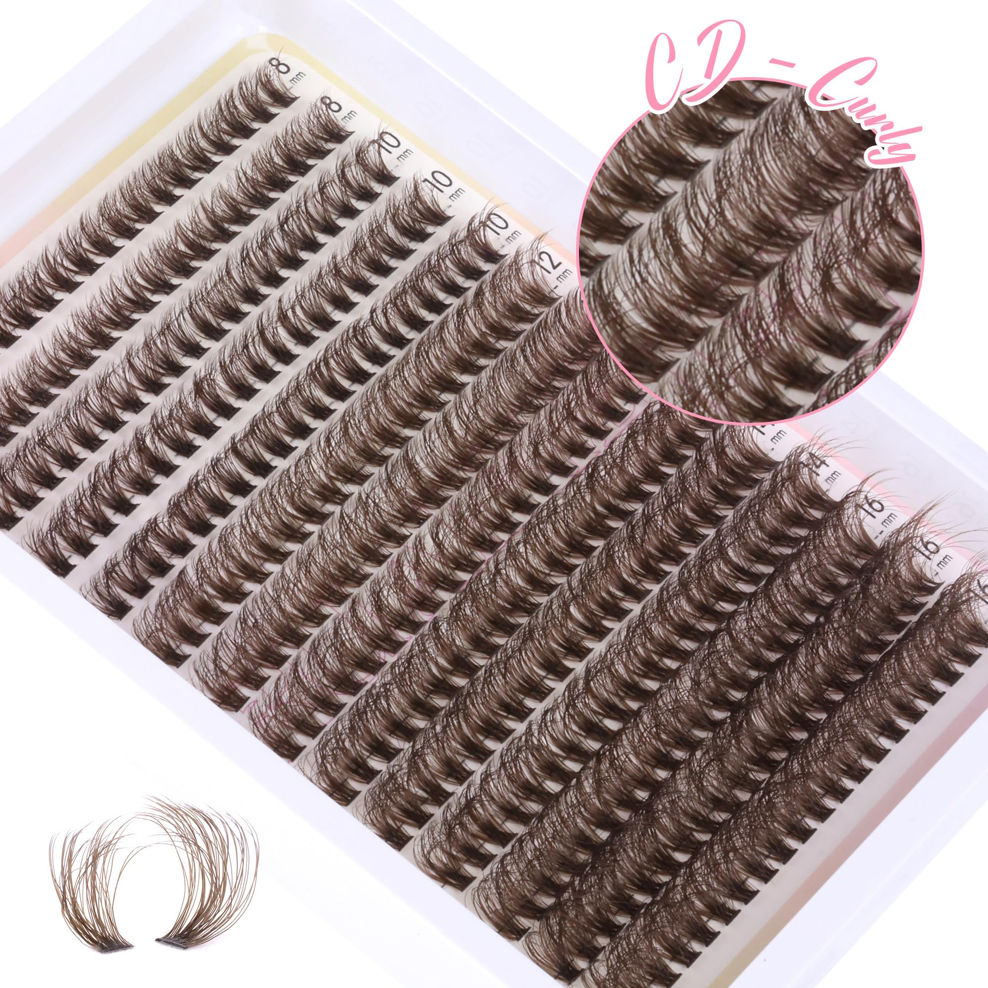 Ruairie d-curly brown lash clusters closeup – natural wispy texture for subtle enhancements.