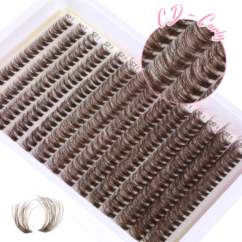 Ruairie d-curly brown lash clusters closeup – natural wispy texture for subtle enhancements.