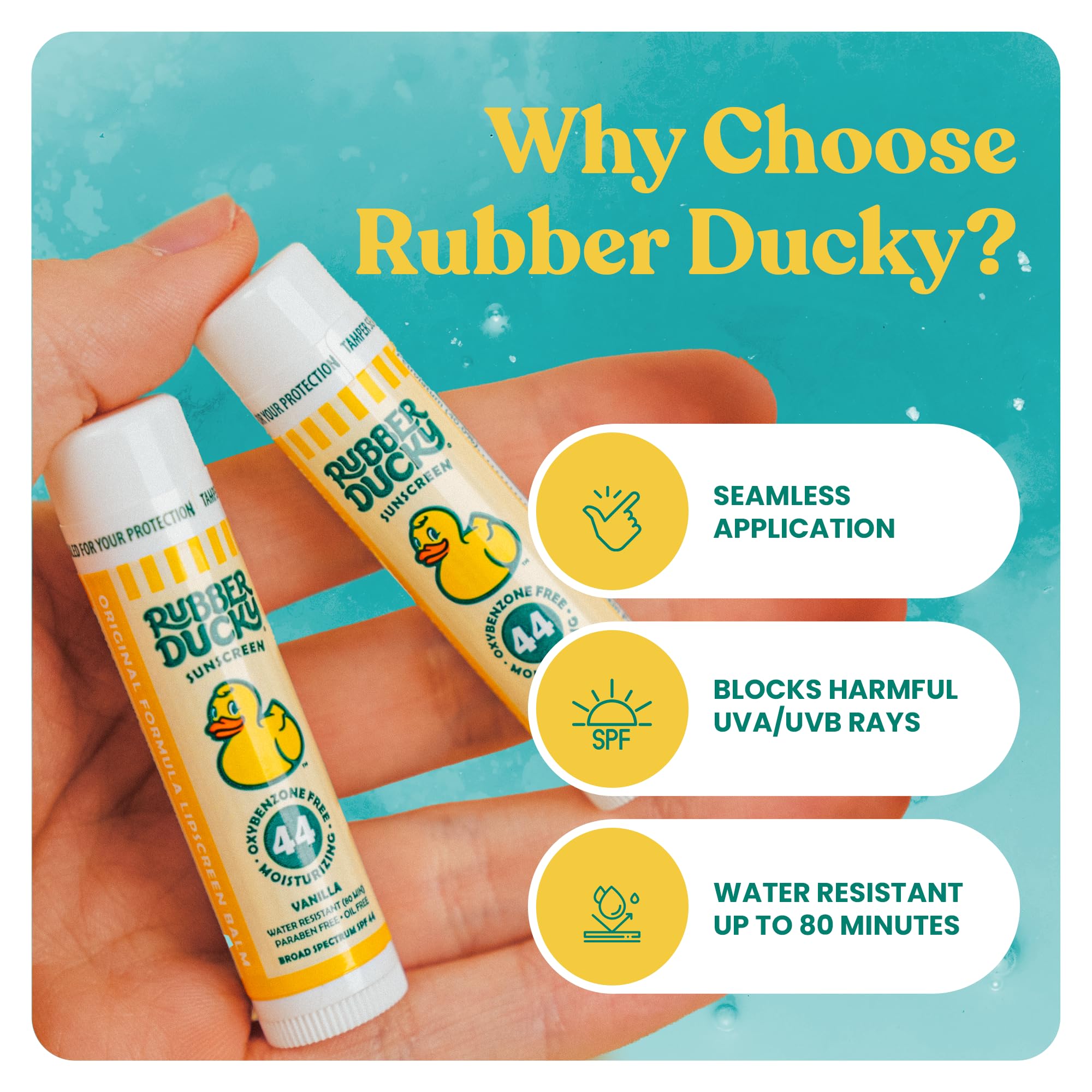 Rubber Ducky SPF 44 broad spectrum protection for kids' lips.