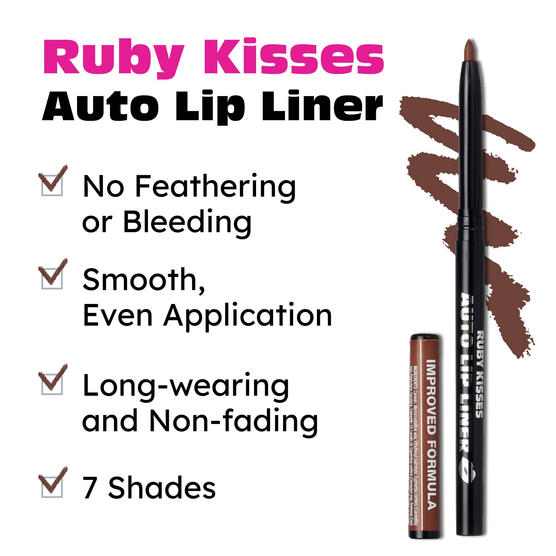 Ruby Kisses Auto Lip Liner Brown cap-on presentation highlights convenient twist-up design.