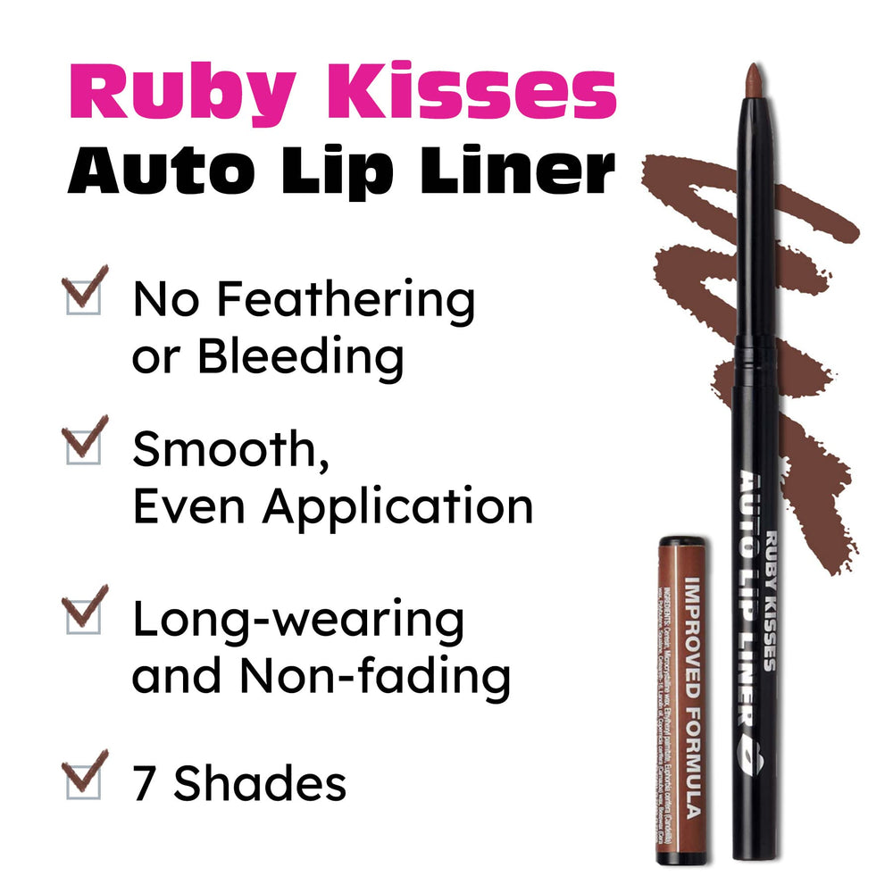 Ruby Kisses Auto Lip Liner Brown cap-on presentation highlights convenient twist-up design.
