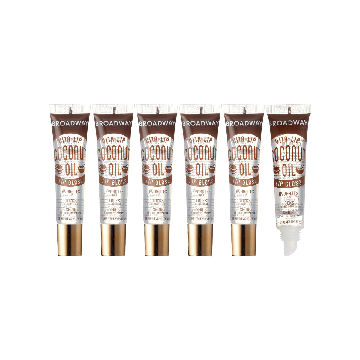Ruby Kisses Broadway Vita-Lip clear gloss bottle with coconut oil for hydration.