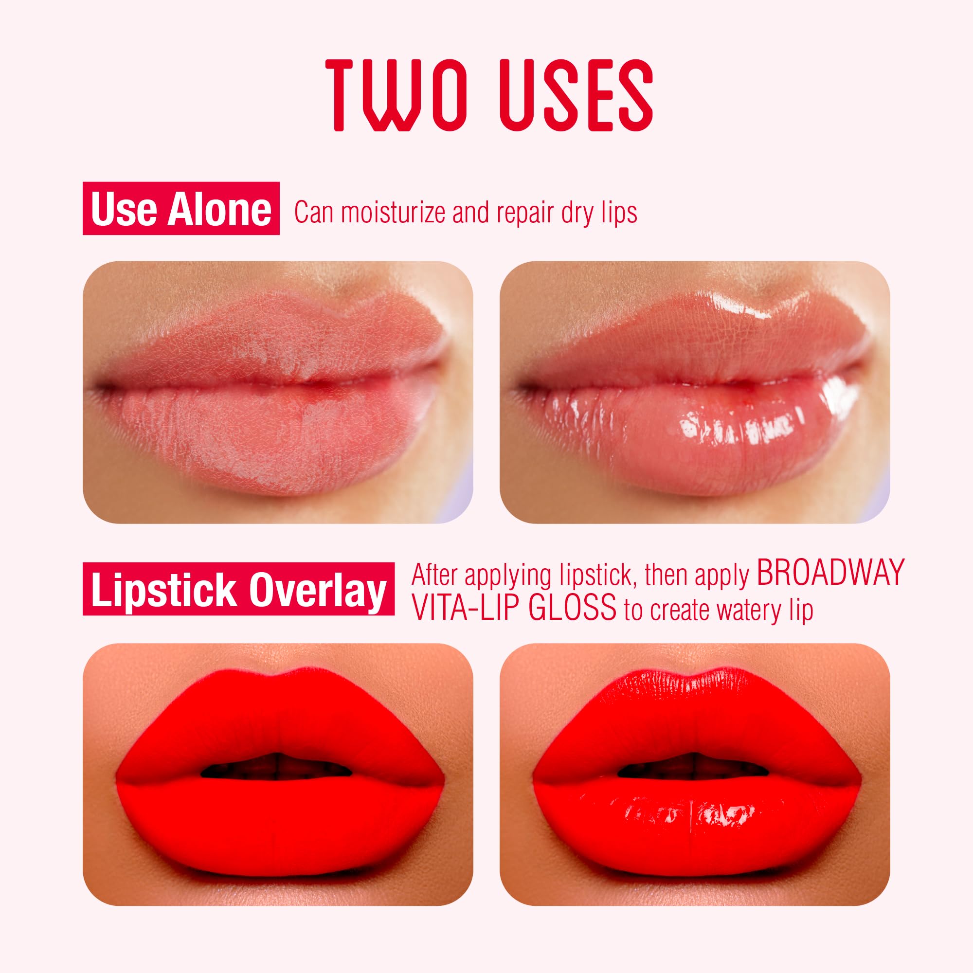 Ruby Kisses Broadway Vita-Lip application close-up demonstrates smooth, non-sticky hydration for daily wear.
