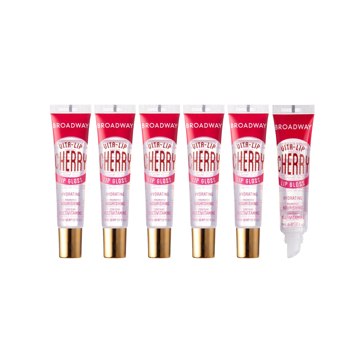 Ruby Kisses Broadway Vita-Lip Cherry gloss bottle showcases rich shine and hydration.