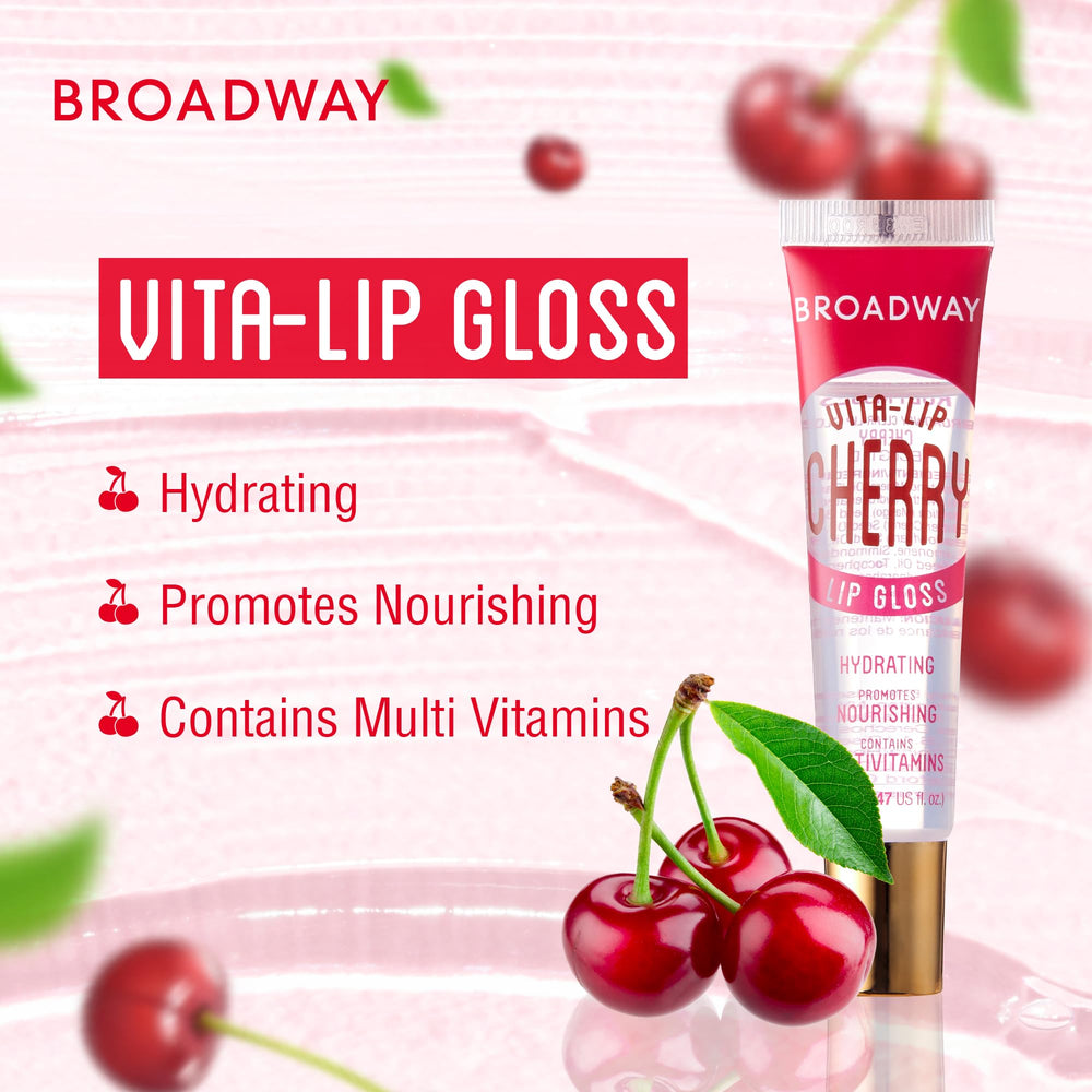 Ruby Kisses Broadway Vita-Lip Cherry swatches reveal a clear, glossy finish with lasting moisture.