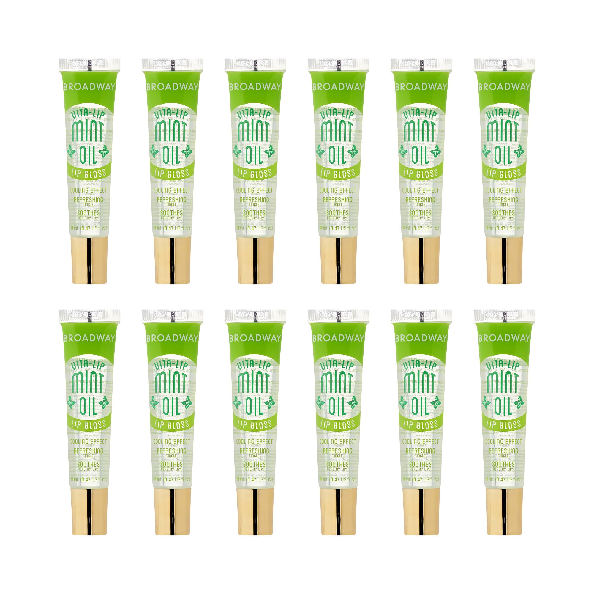 Ruby Kisses Broadway Vita-Lip gloss mint oil bottle shows cooling hydration for daily wear