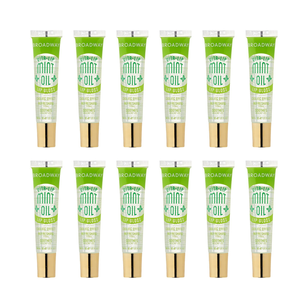 Ruby Kisses Broadway Vita-Lip gloss mint oil bottle shows cooling hydration for daily wear