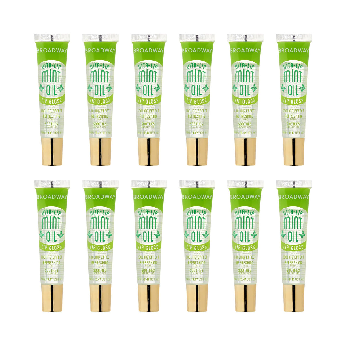 Ruby Kisses Broadway Vita-Lip gloss mint oil bottle shows cooling hydration for daily wear