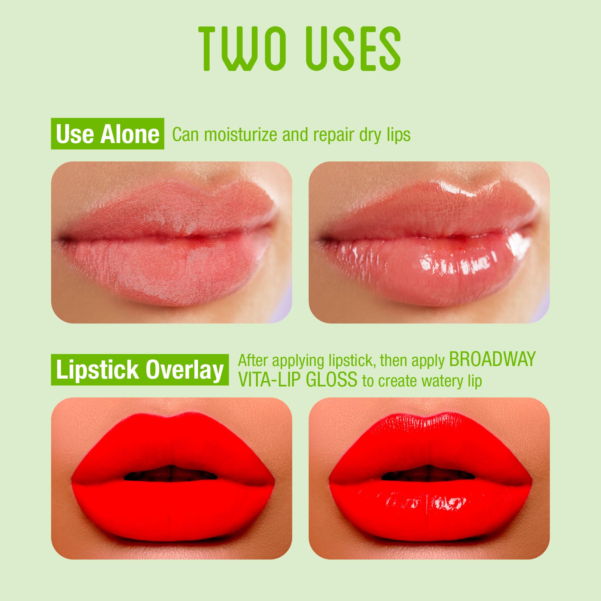 Ruby Kisses Broadway Vita-Lip gloss swatches reveal sheer shine with mint undertone