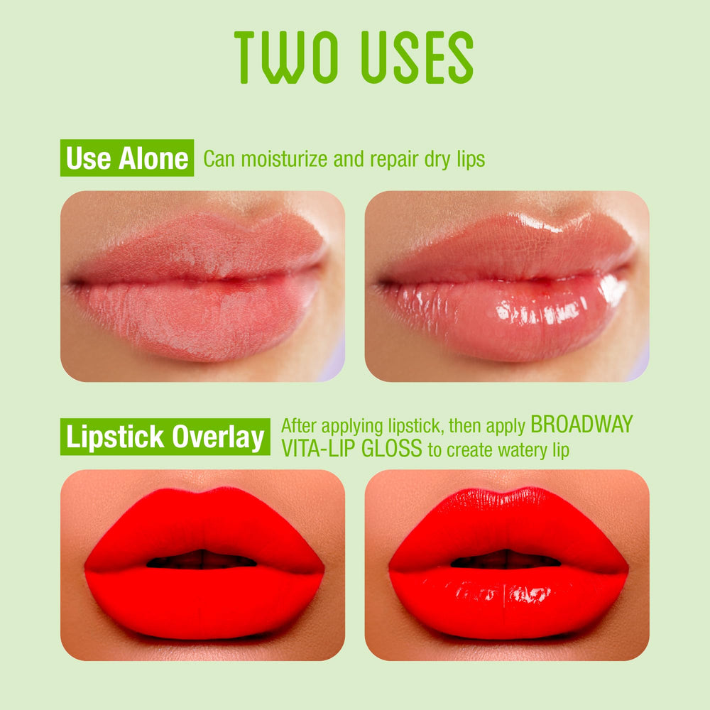Ruby Kisses Broadway Vita-Lip gloss swatches reveal sheer shine with mint undertone