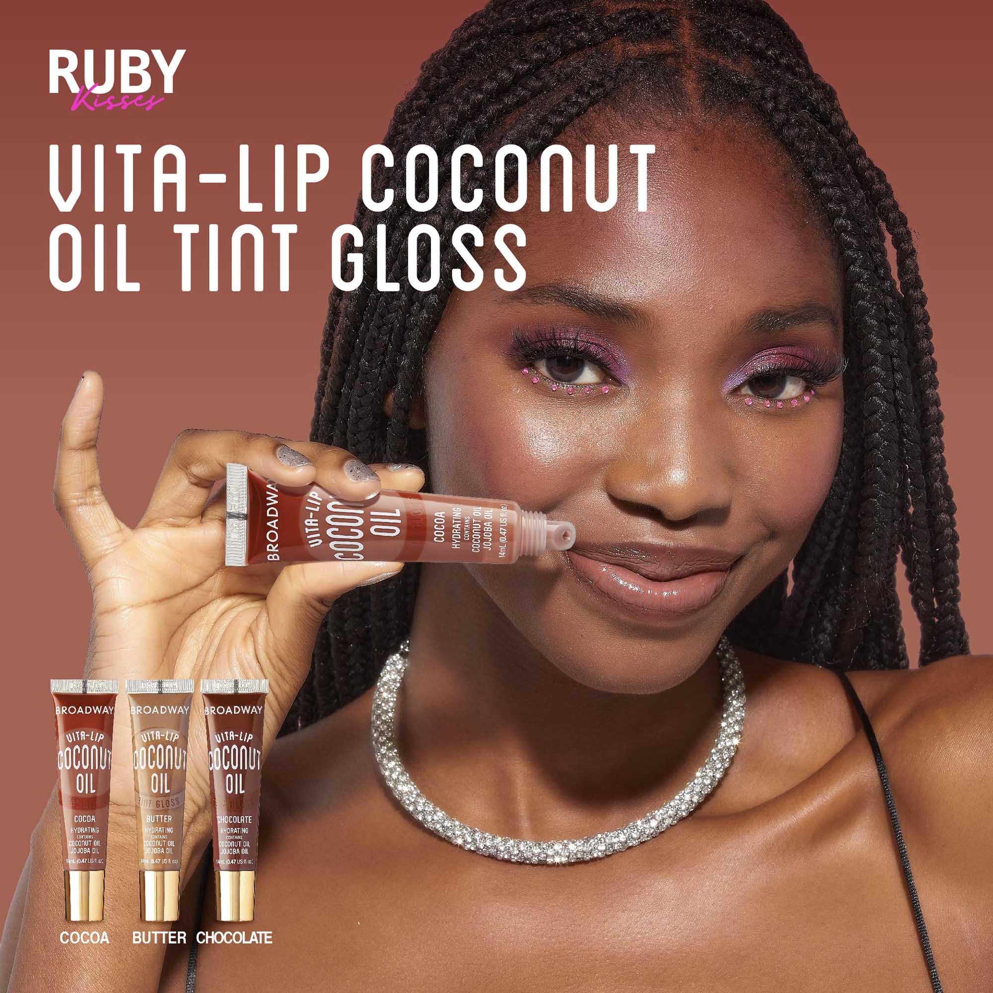 Moisturizing texture of Ruby Kisses Vita-Lip gloss across lips