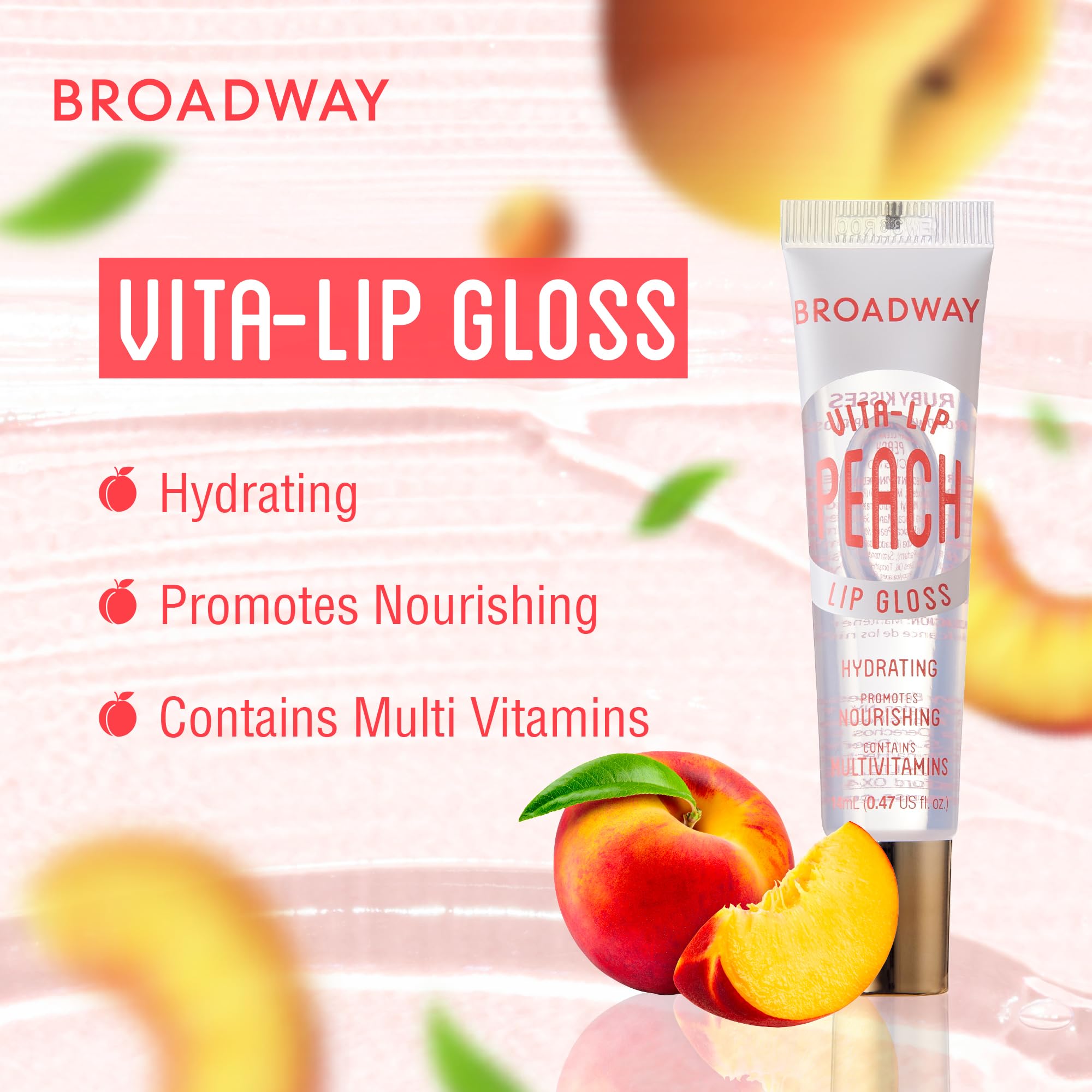 Ruby Kisses Broadway Vita-Lip gloss peach application close-up for smooth hydration