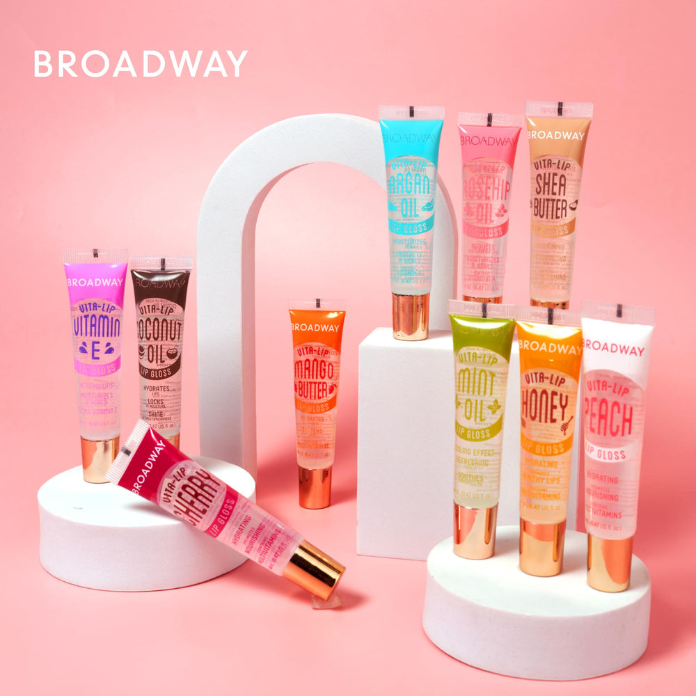 Ruby Kisses Broadway Vita-Lip gloss peach multi-pack display for everyday wear