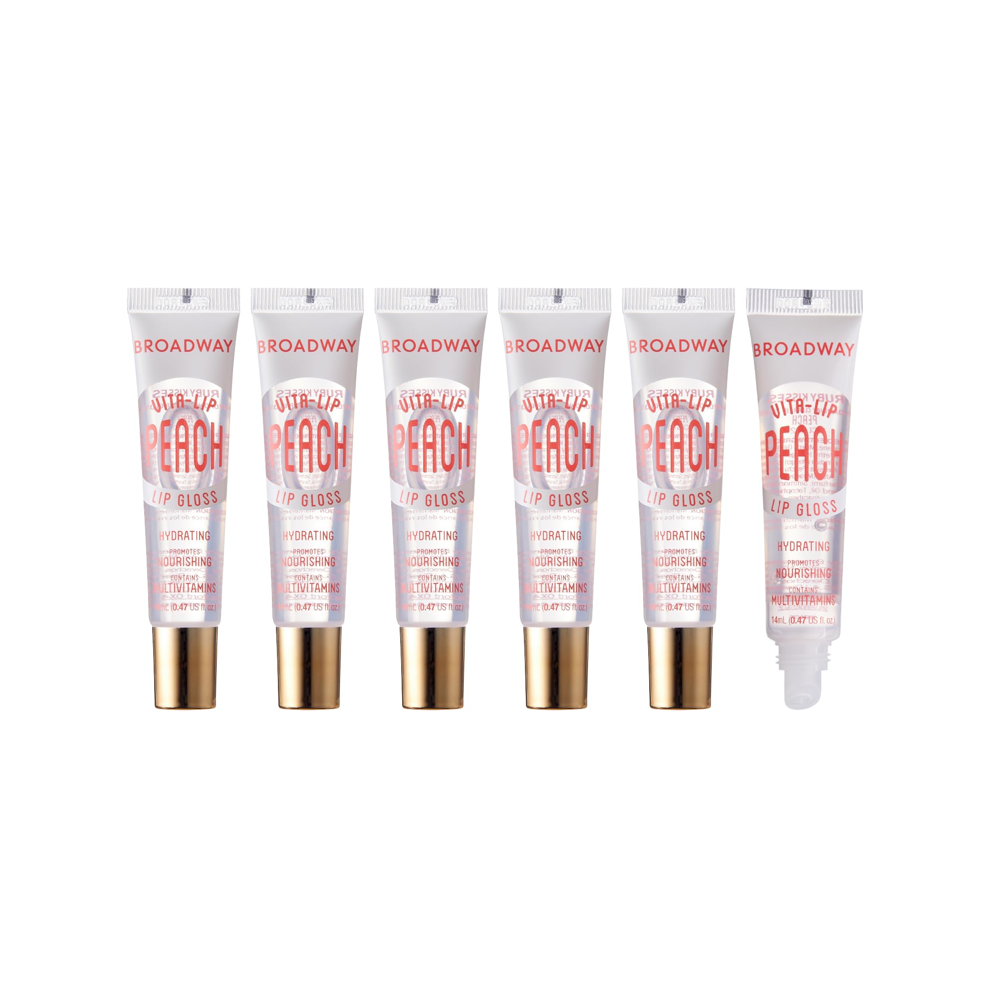 Ruby Kisses Broadway Vita-Lip gloss peach swatch showing vibrant shine