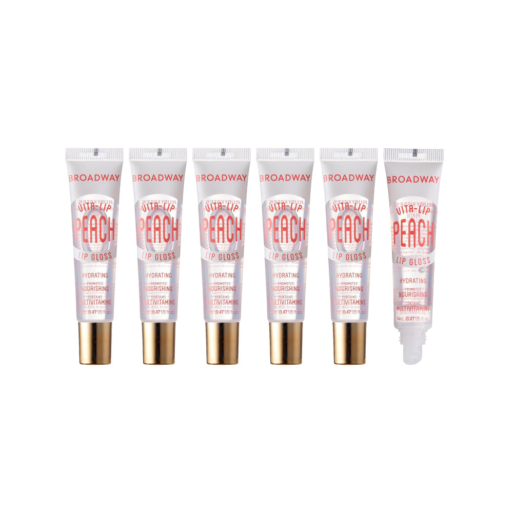 Ruby Kisses Broadway Vita-Lip gloss peach swatch showing vibrant shine
