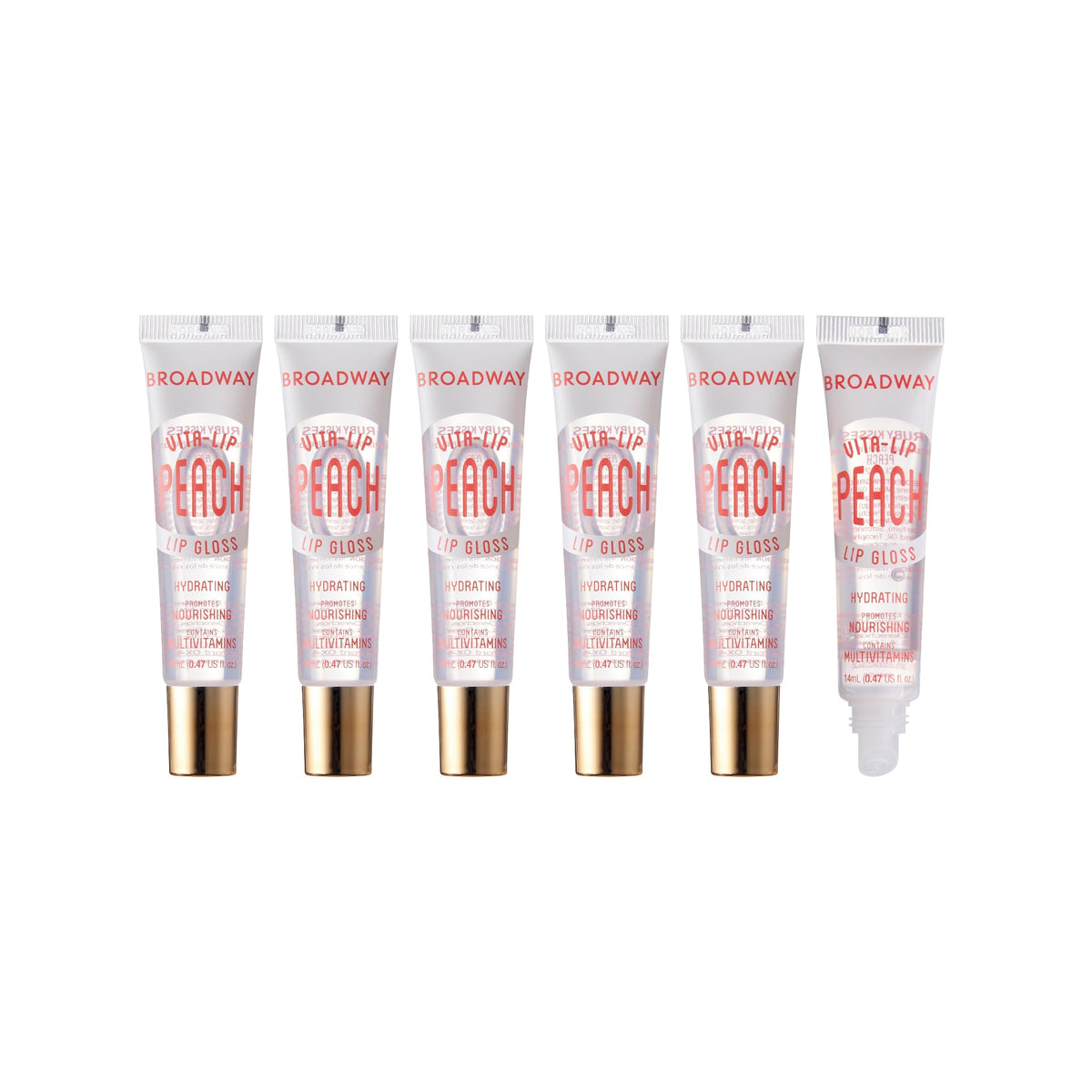 Ruby Kisses Broadway Vita-Lip gloss peach swatch showing vibrant shine