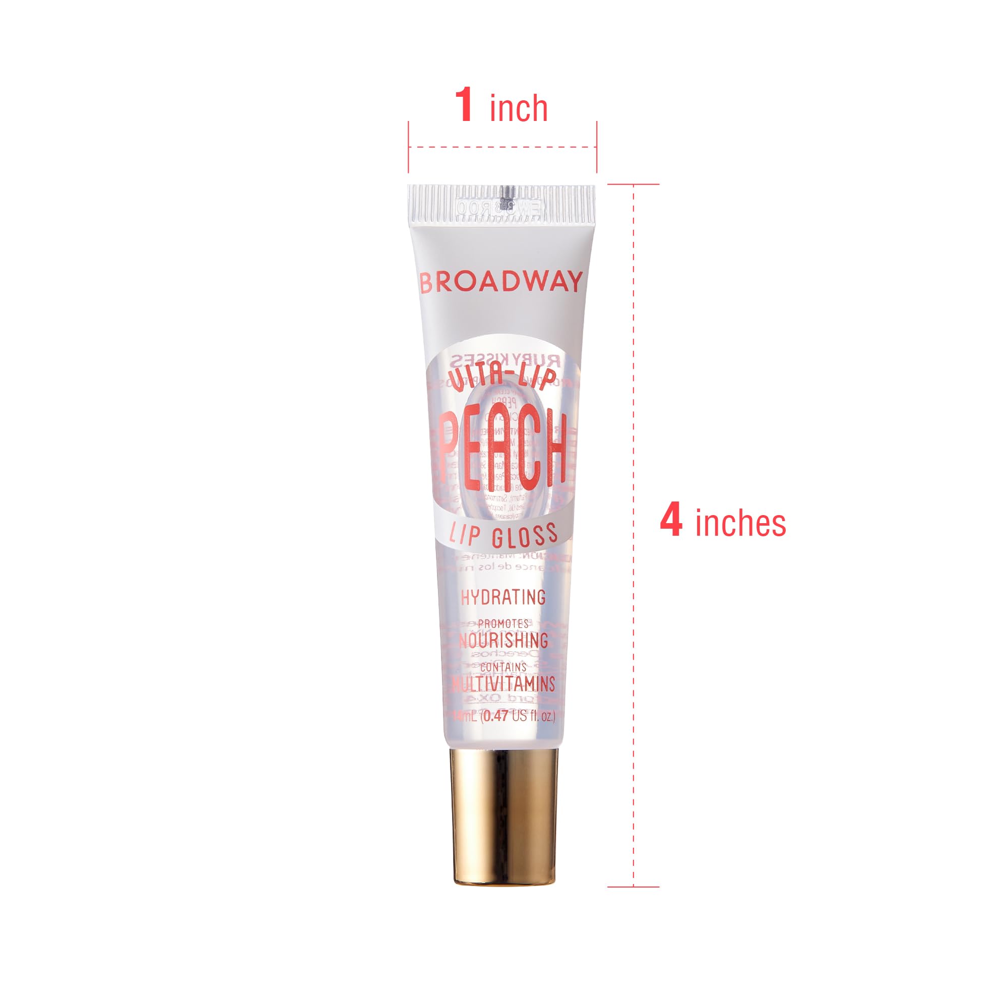 Ruby Kisses Broadway Vita-Lip gloss peach tube on shelf in six-pack